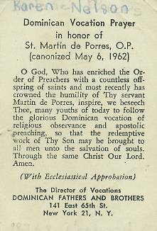 Dominican Vocation Prayer Card